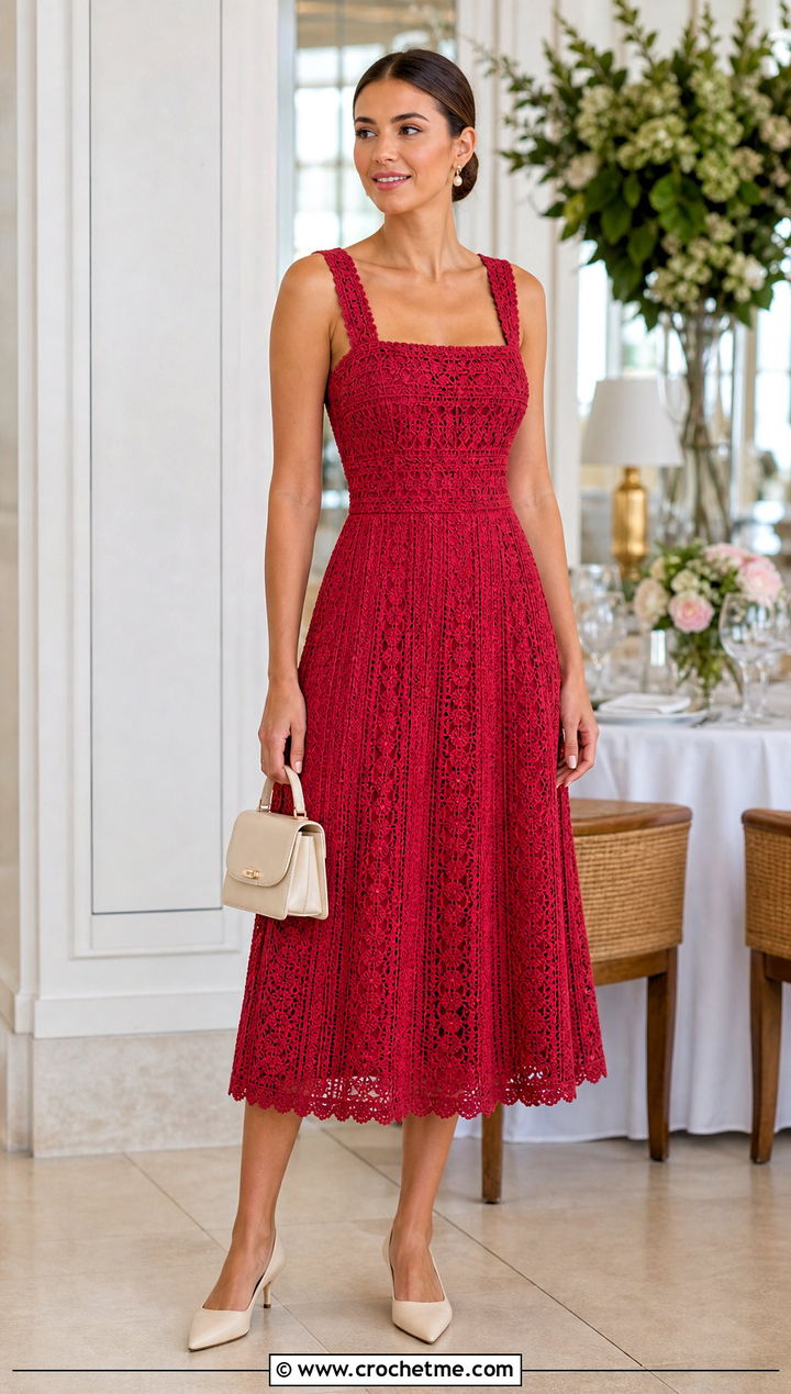 Square Neck Crochet Dress With Kitten Heels - 35 Formal Crochet Dress outfit ideas