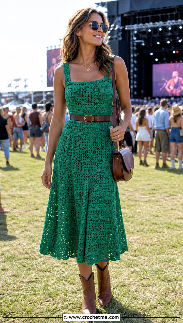Square Neck Crochet Dress With Western Boots - 30 women crochet summer dress outfit ideas