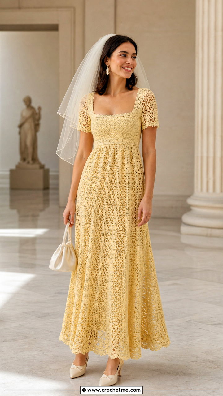 Square Neck Crochet Empire Wedding Dress - 35 crochet wedding dresses outfit ideas