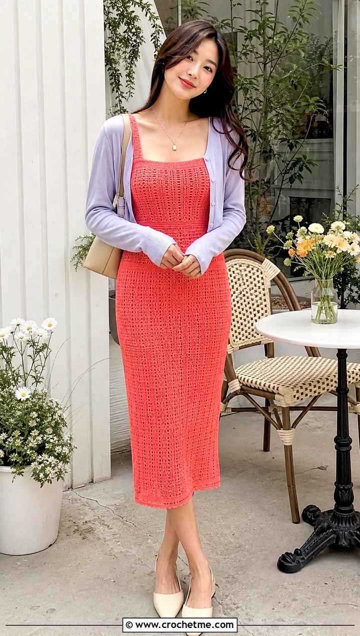 Square Neck Crochet Frock With Cropped Cardigan - 35 crochet frock outfit ideas