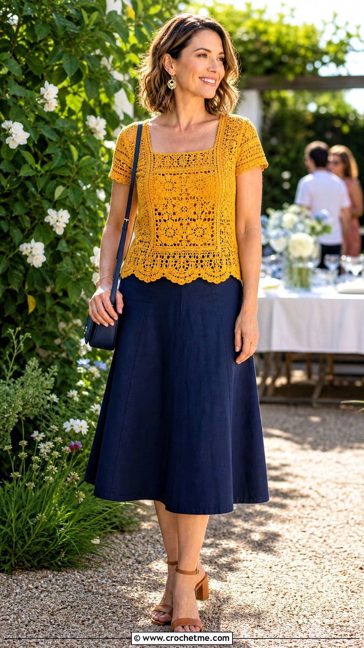 Square Neck Crochet Lace Top With A Line Skirt - 35 crochet lace top outfit ideas