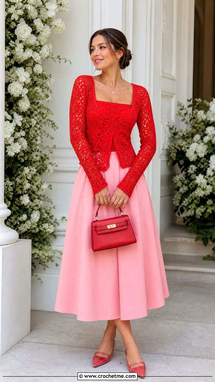 Square Neck Crochet Long Sleeve Top With Full Midi Skirt - 35 crochet long sleeve top outfit ideas