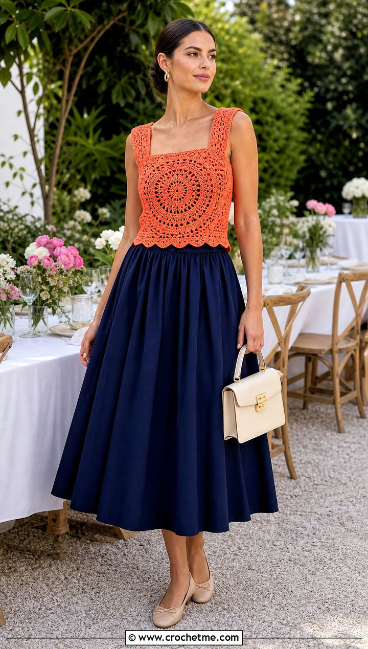 Square Neck Crochet Mandala Top With Full Midi Skirt - 35 crochet mandala top outfit ideas