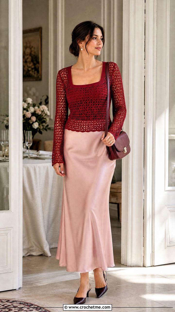 Square Neck Crochet Mesh Top With Slip Skirt - 35 crochet mesh top outfit ideas