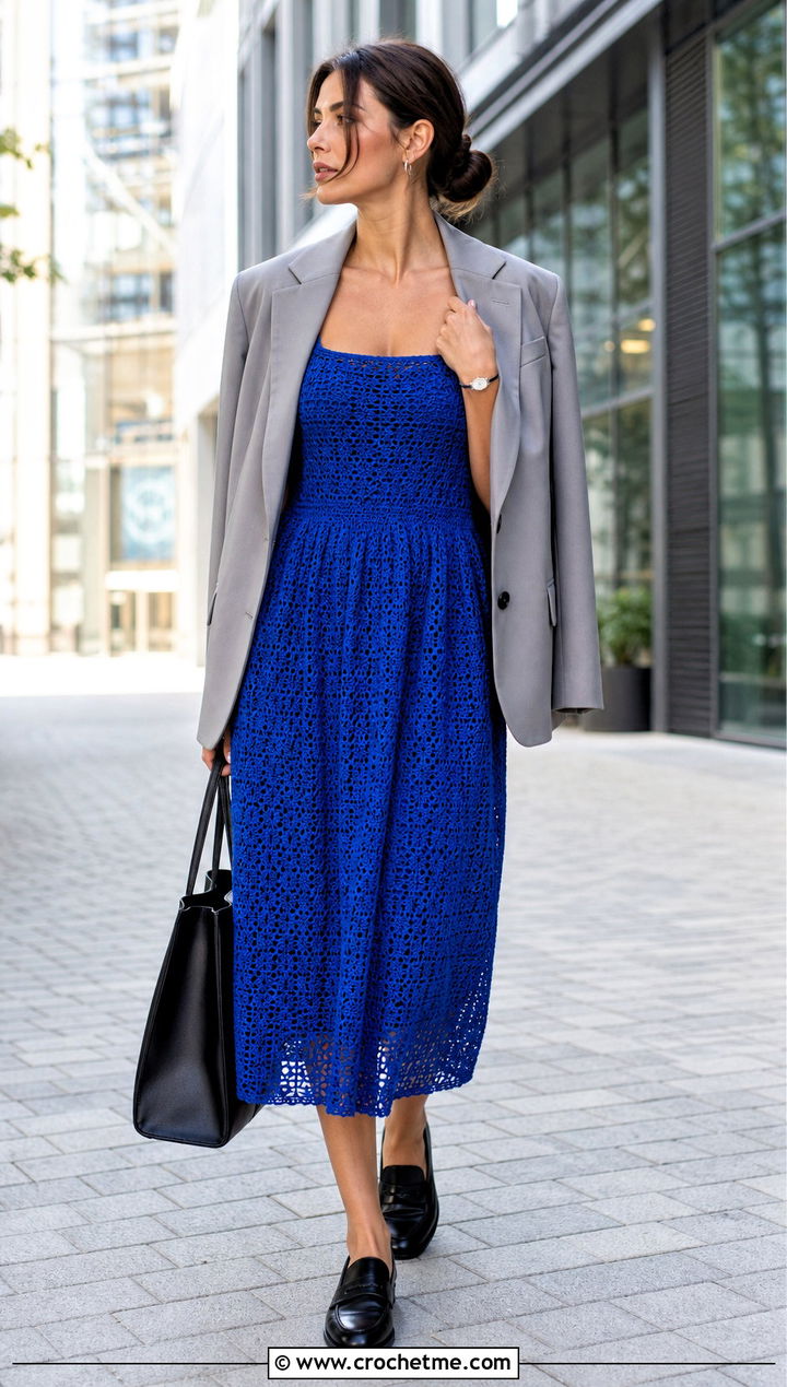 Square Neck Crochet Milkmaid Dress With Blazer - 30 crochet milkmaid dress outfit ideas