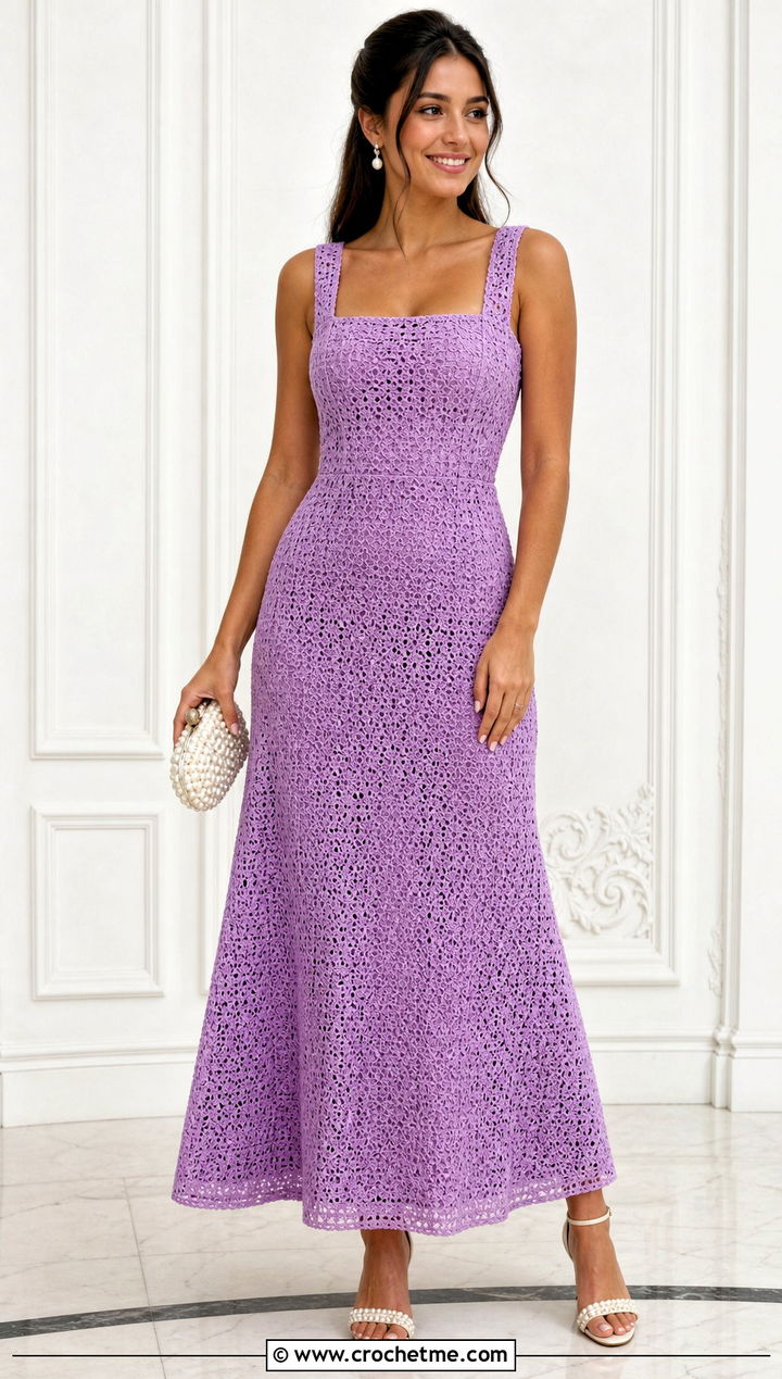 Square Neck Crochet Prom Dress With Pearl Details - 25 Crochet Prom Dress outfit ideas