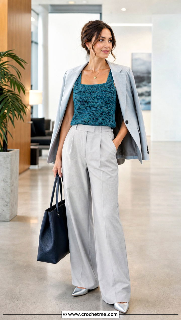 Square Neck Crochet Tank Top With Tailored Trousers - 30 crocheted tank tops outfit ideas