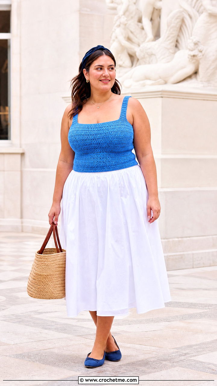 Square Neck Crochet Tank With A Line Midi Skirt - 35 coquette crochet top outfit ideas