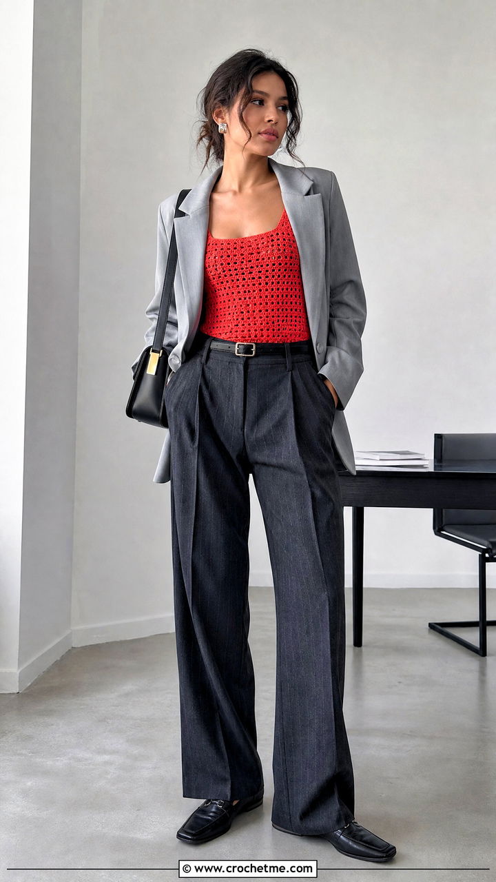 Square Neck Crochet Tank With Pinstripe Trousers - 35 crochet y2k top outfit ideas
