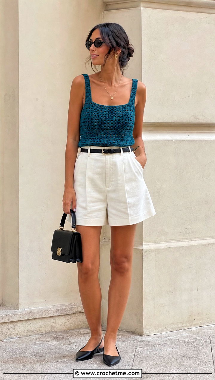 Square Neck Crochet Tank With Tailored Shorts - 25 easy crochet summer tops for beginners outfit ideas