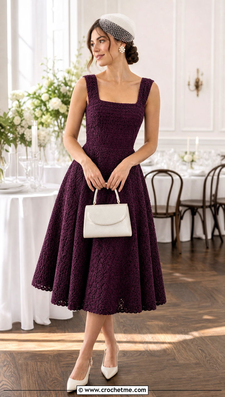 Square Neck Crochet Tea Length Bridal Dress With Slingbacks - 30 crochet bridal dress outfit ideas