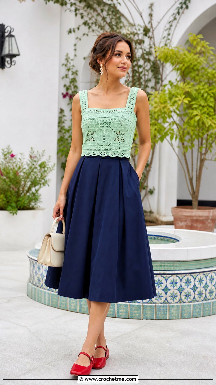 Square Neck Crochet Top With A Line Skirt - 35 boho crochet tops outfit ideas