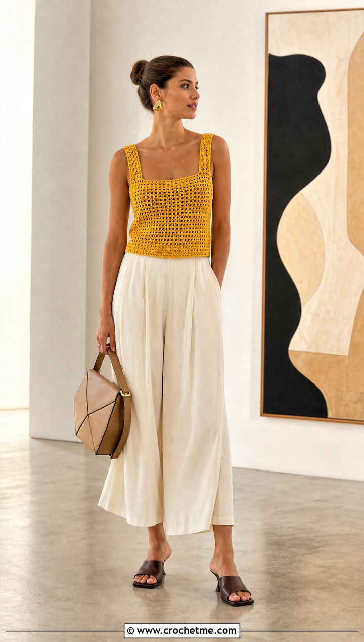 Square Neck Crochet Top With Culottes - 35 Outfit With Crochet Top outfit ideas