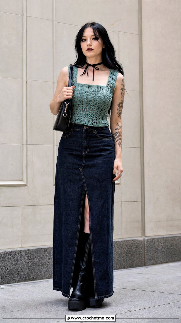 Square Neck Crochet Top With Denim Maxi Skirt - 35 goth crochet top outfit ideas