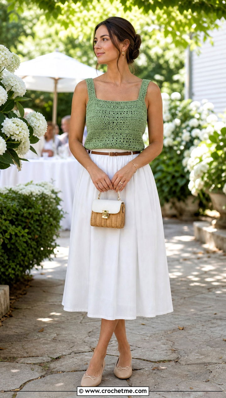 Square Neck Crochet Top With Full Midi Skirt - 35 Women Crochet Top outfit ideas