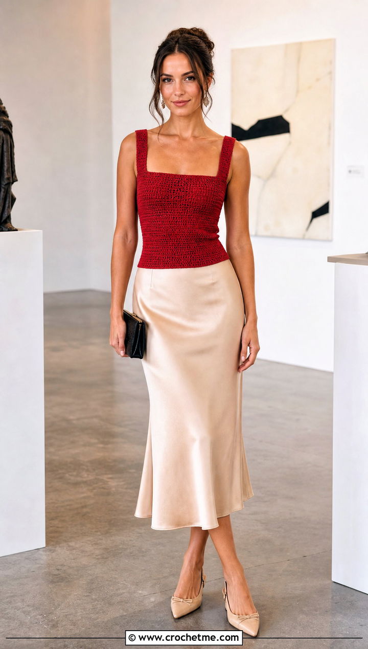 Square Neck Crochet Top With Satin Midi Skirt - 30 begginer crochet top outfit ideas