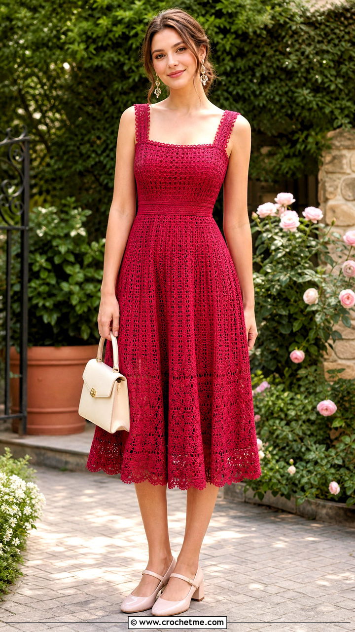 Square Neck Fit And Flare Crochet Frock With Mary Janes - 35 Crochet Frocks For Women outfit ideas