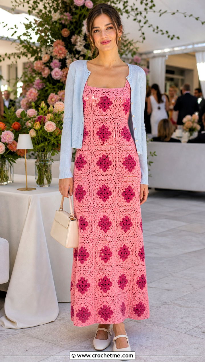 Square Neck Floral Crochet Maxi Dress With Mary Jane Shoes - 15 floral crochet maxi dress outfit ideas