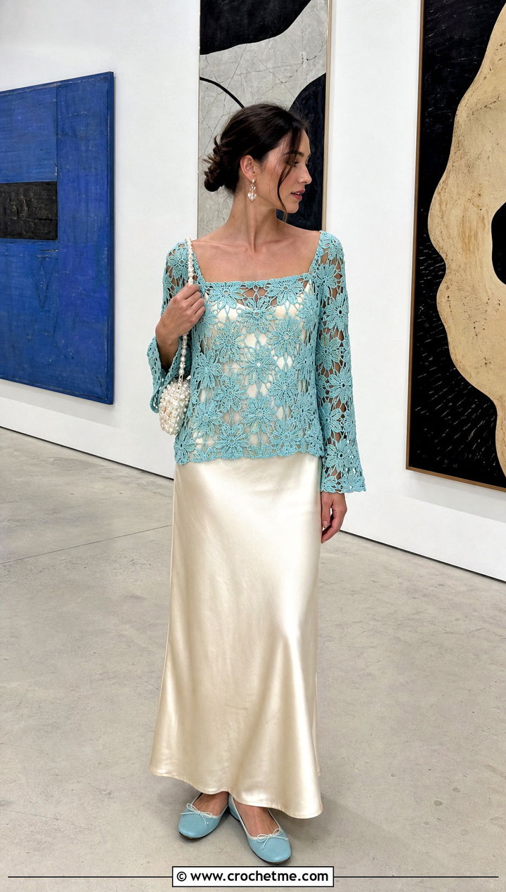 Square Neck Floral Crochet Peekaboo Top With a Slip Dress - 15 crochet peekaboo top outfit ideas