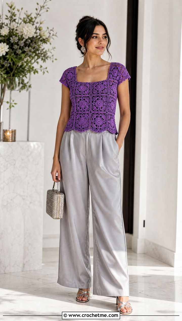 Square Neck Granny Square Blouse With Silk Pants - 35 Granny Square Blouse outfit ideas