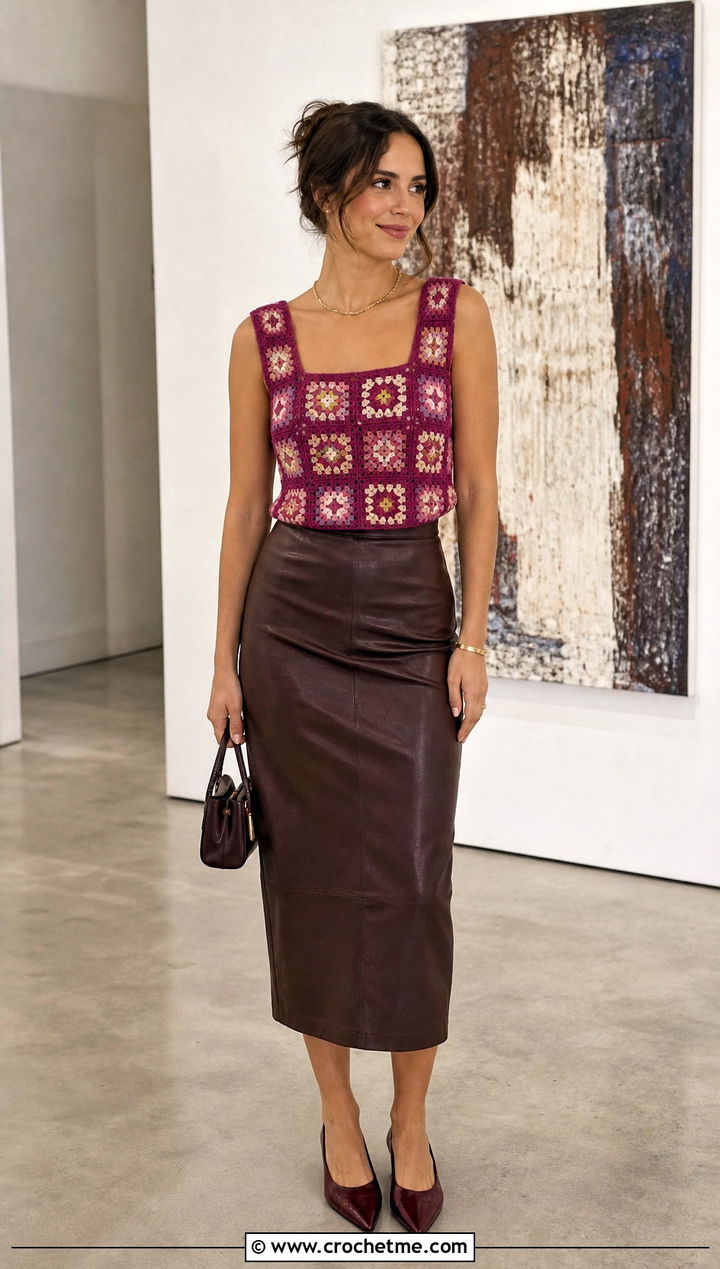 Square Neck Granny Square Crochet Tank Top With A Leather Midi Skirt - 25 Granny Square Crochet Tank Top outfit ideas
