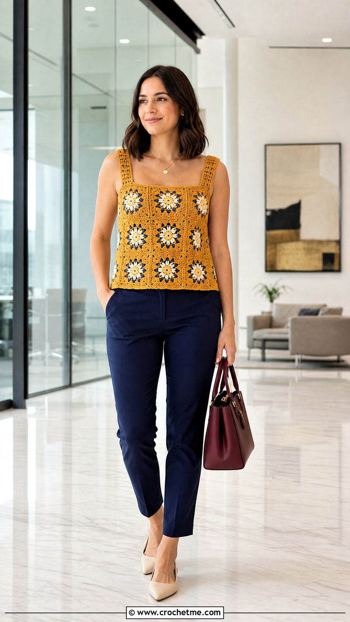 Square Neck Granny Square Top With Cigarette Pants - 35 granny square tops outfit ideas