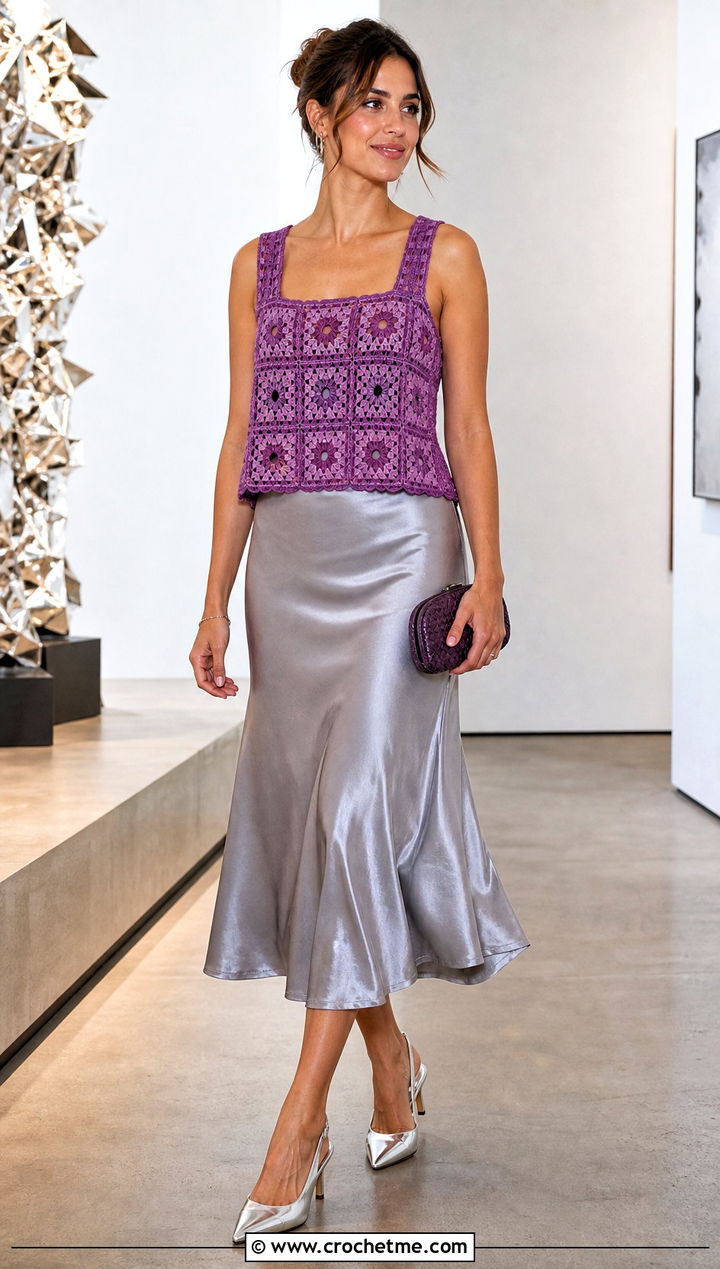 Square Neck Granny Square Top With Satin Midi Skirt - 30 crochet granny square summer top outfit ideas