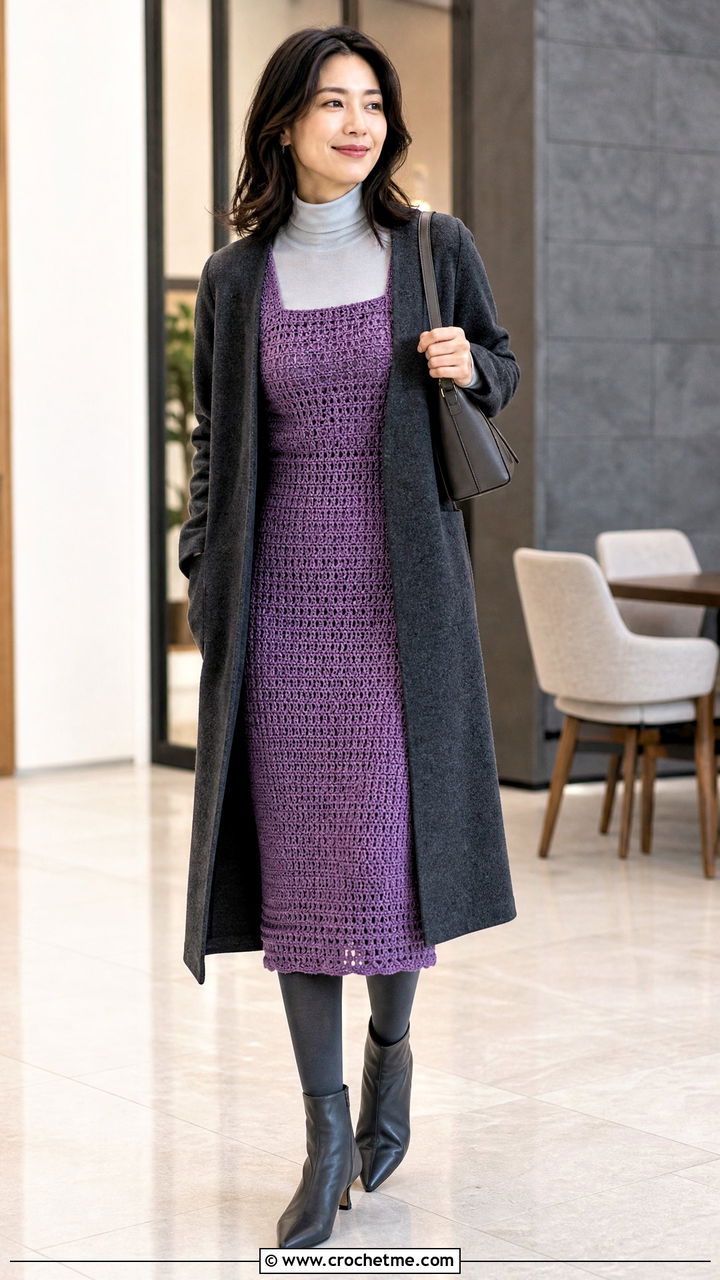 Square Neck Midi Crochet Winter Dress With Fitted Turtleneck - 35 crochet winter dress outfit ideas