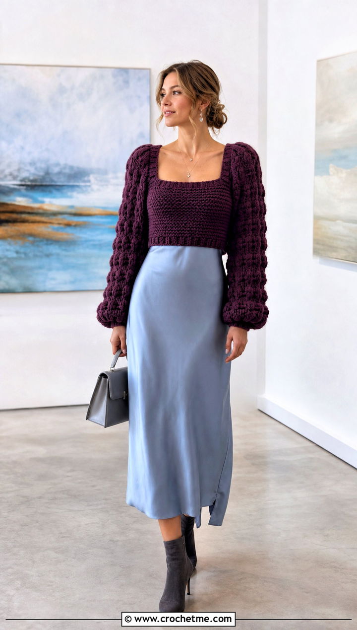 Square Neck Puffy Crochet Sweater With Slip Dress - 15 Puffy Crochet Sweater outfit ideas