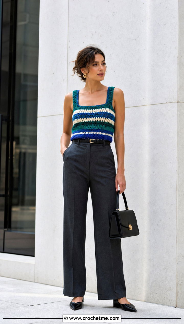Square Neck Striped Crochet Tank Top With Tailored Trousers - 15 colorful striped crochet tank top outfit ideas