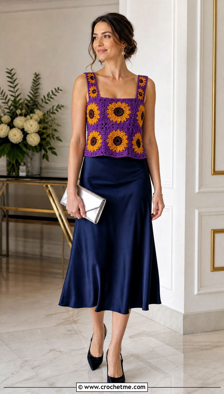 Square Neck Sunflower Tank Top With Satin Midi Skirt - 15 crochet sunflower tank top outfit ideas