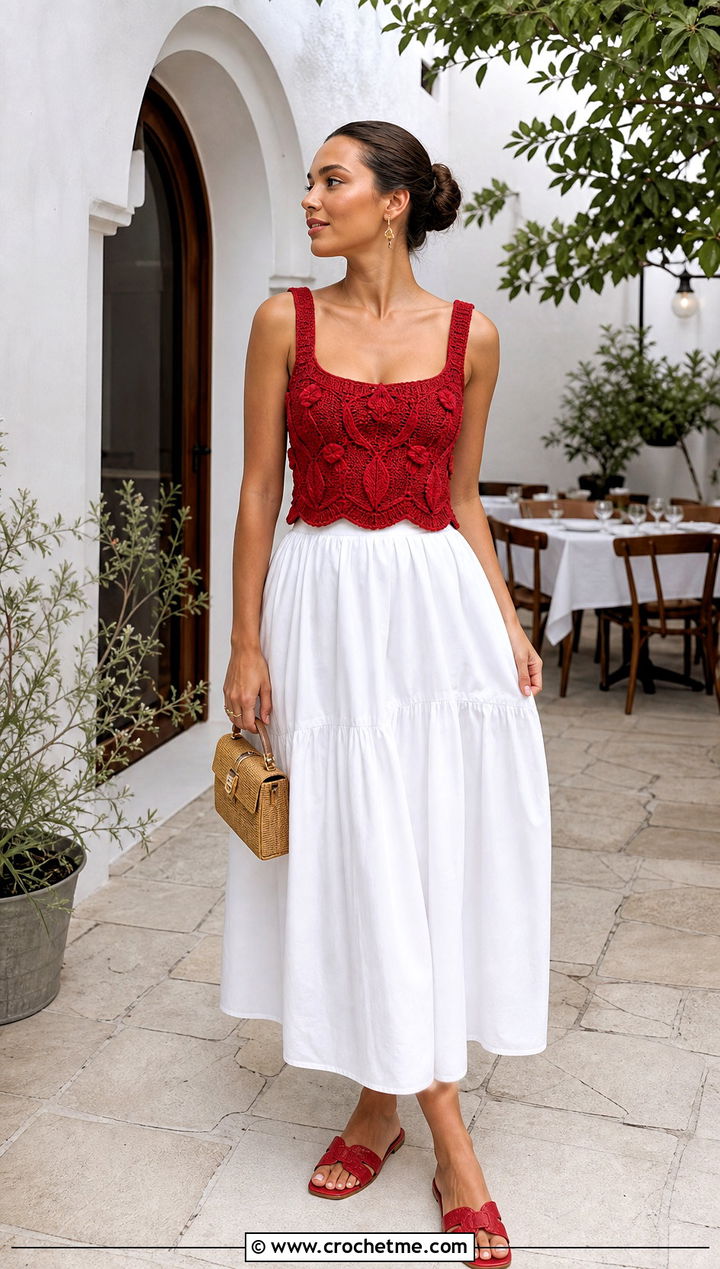 Square Neck Tulip Crochet Top With Poplin Maxi Skirt - 30 crochet tulip top outfit ideas