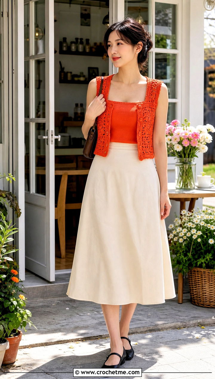 Square Neck Vintage Crochet Vest With A Line Midi Skirt - 25 Vintage Crochet Vest outfit ideas