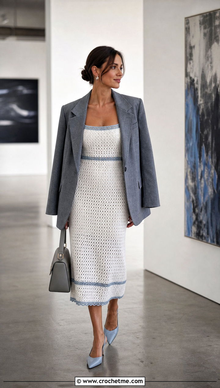 Square Neck White Crochet Midi Dress With Blazer - 20 White Crochet Midi Dress outfit ideas