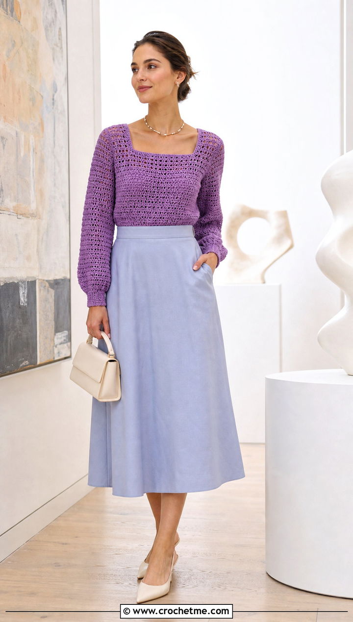 Square Neck Yoke Crochet Sweater With A Line Midi Skirt - 25 Yoke Down Crochet Sweater outfit ideas