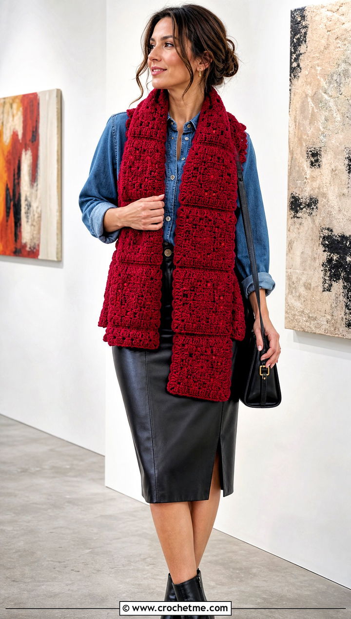 Square Panel C C Scarf With Denim Shirt And Leather Skirt - 35 c2c crochet scarf outfit ideas