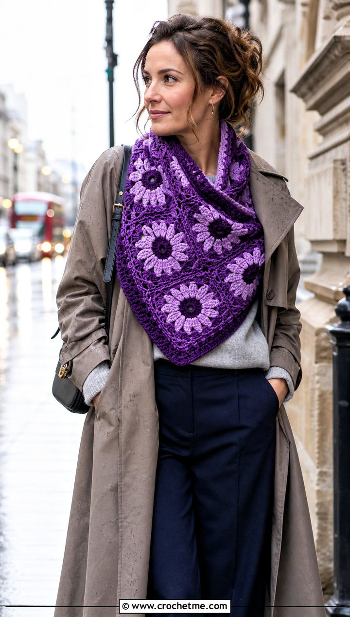 Square Sunflower Crochet Shawl With Trench Coat - 20 Sunflower Crochet Shawl outfit ideas