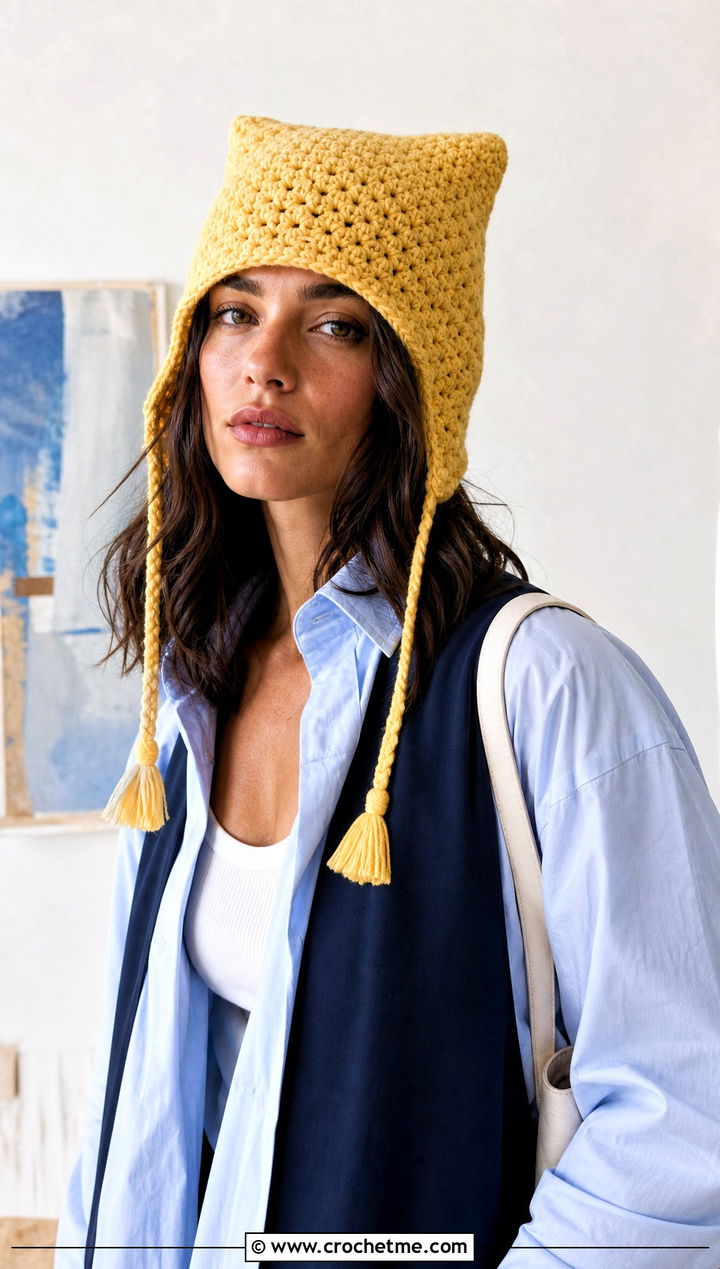 Square Top Crochet Hat With Braided Tassels And Oversized Shirt - 30 crochet hat with braids outfit ideas