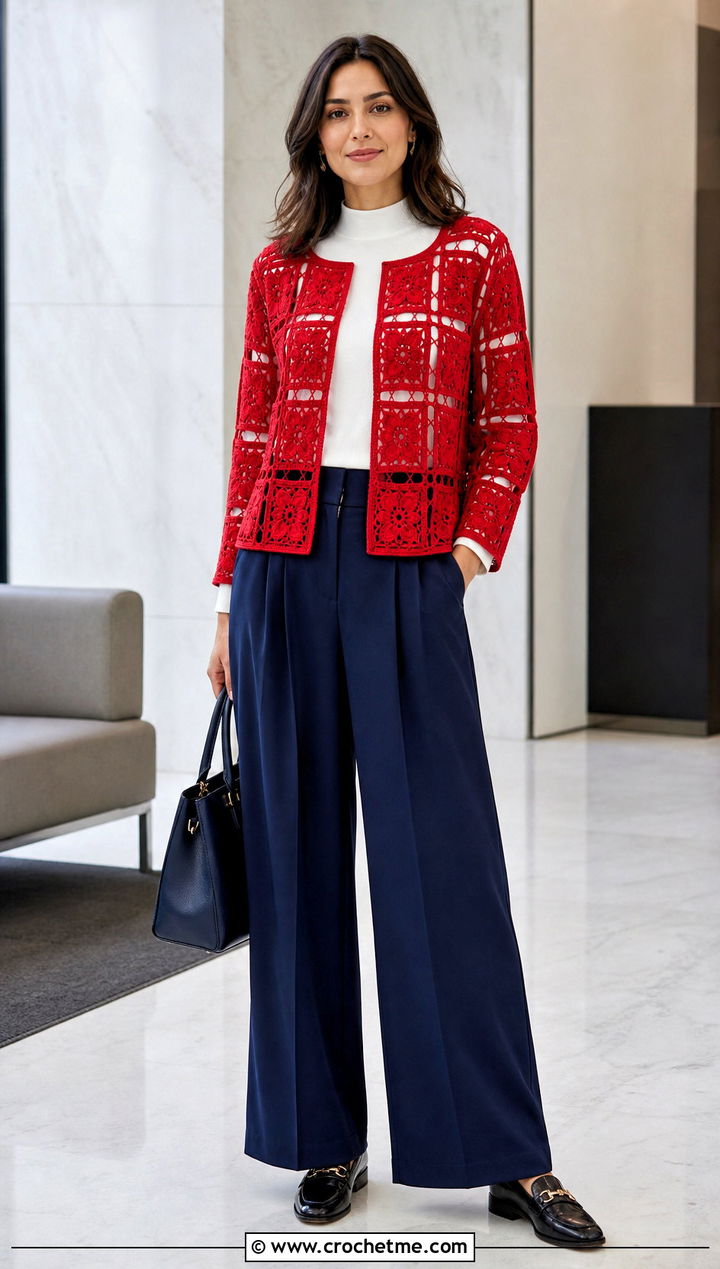 Square Trellis Irish Crochet Cardigan With Pleated Trousers - 25 Irish Crochet Cardigan outfit ideas