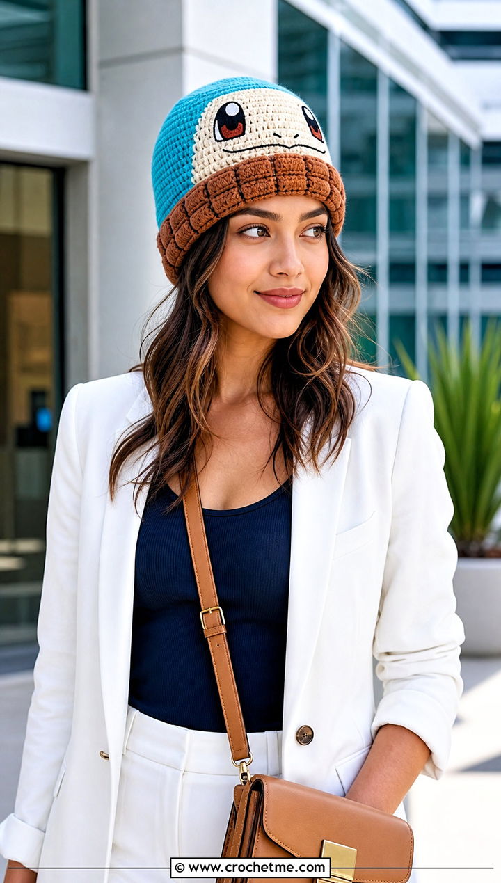 Squirtle Color Block Beanie With White Blazer - 30 crochet pokemon beanie outfit ideas