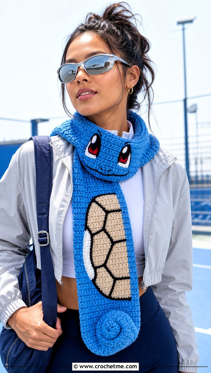 Squirtle Shell Scarf With Sporty Windbreaker - 25 Crochet Pokemon Scarf outfit ideas