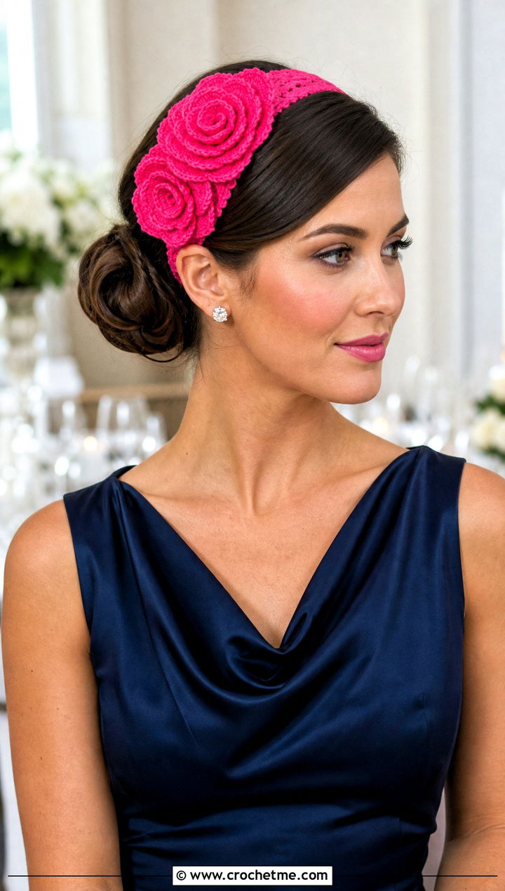 Stacked Rosette Elastic Crochet Headband With Evening Outfit - 15 crochet flower headband with elastic outfit ideas