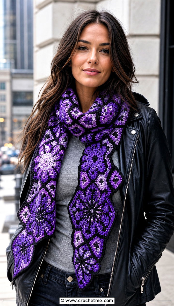 Stained Glass Snowflake Crochet Scarf With Leather Jacket - 25 Snowflake Crochet Scarf outfit ideas