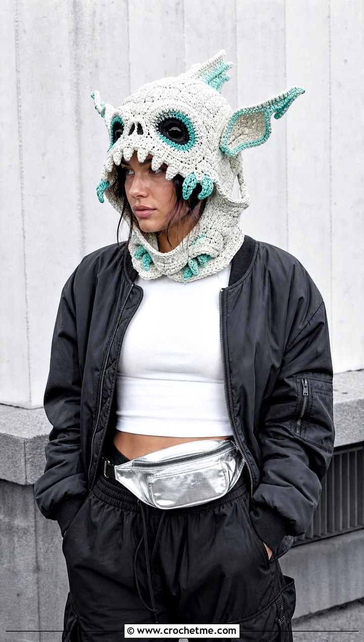 Stalkoblin Skull Crochet Hood With Monochrome Streetwear - 15 Bokoblin Crochet Hat outfit ideas