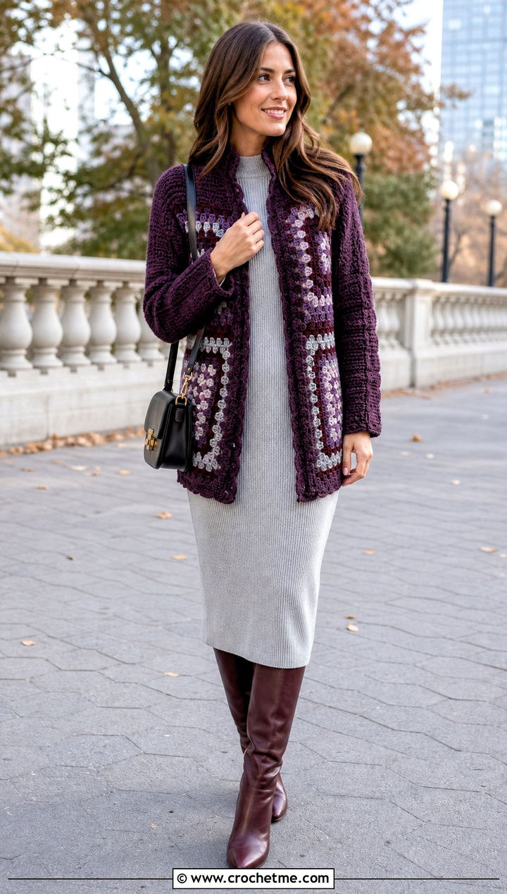 Stand Collar Crochet Cardigan With Knit Midi Dress - 15 Crochet Cardigan With Collar outfit ideas