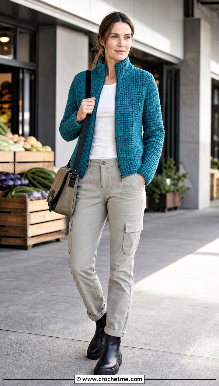Stand Collar Crochet Jacket With Utility Pants - 25 Crochet Jacket With Collar outfit ideas
