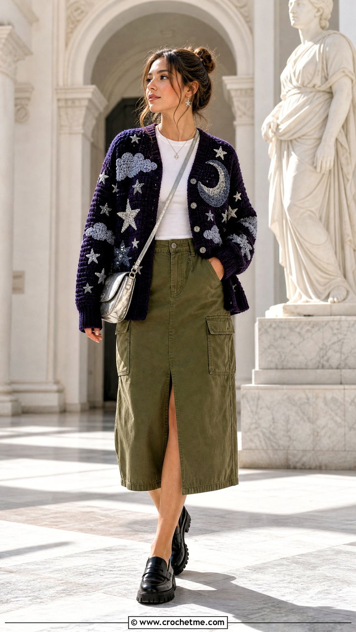 Star And Cloud Crochet Cardigan With Cargo Midi Skirt - 35 crochet cloud cardigan outfit ideas