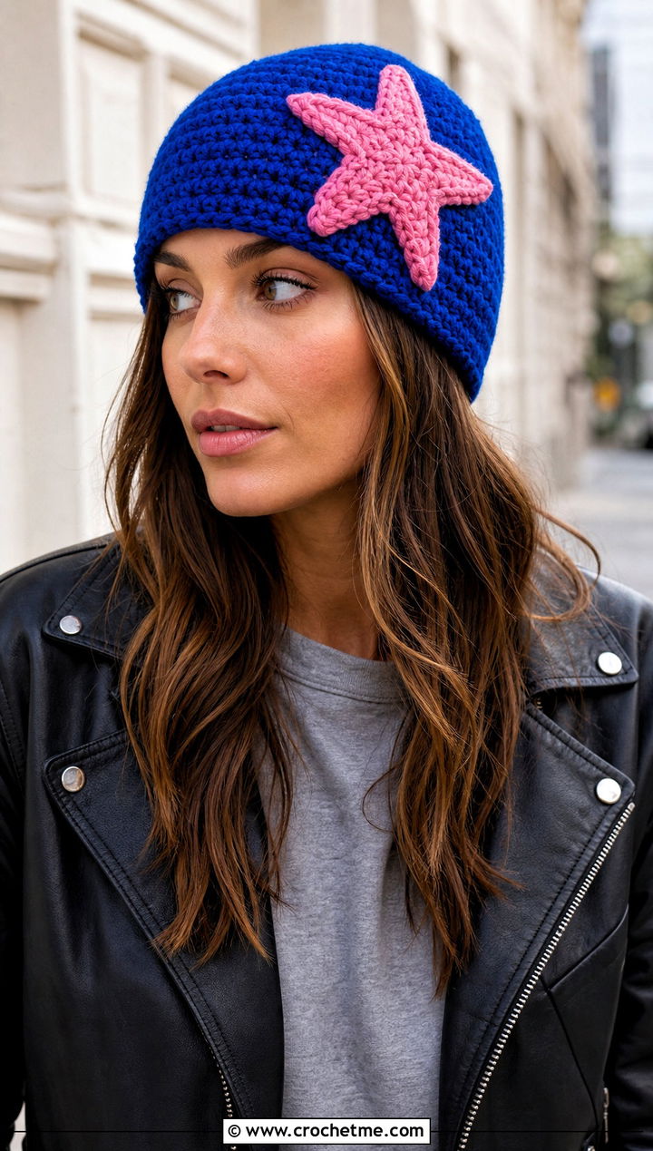 Star Applique Crochet Beanie With Leather Jacket - 25 crochet star hat outfit ideas