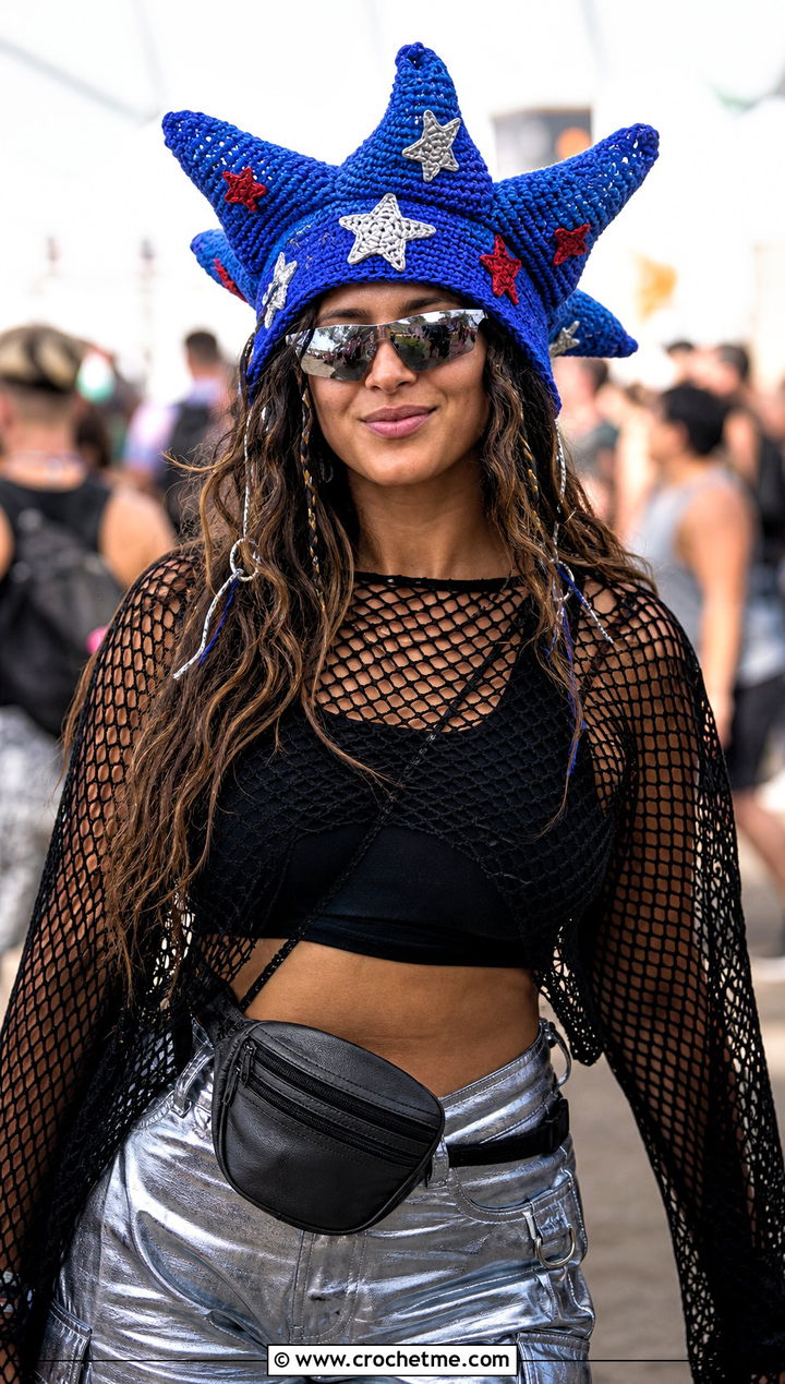 Star Applique Crochet Clown Hat With Rave Streetwear - 30 crochet clown hat outfit ideas