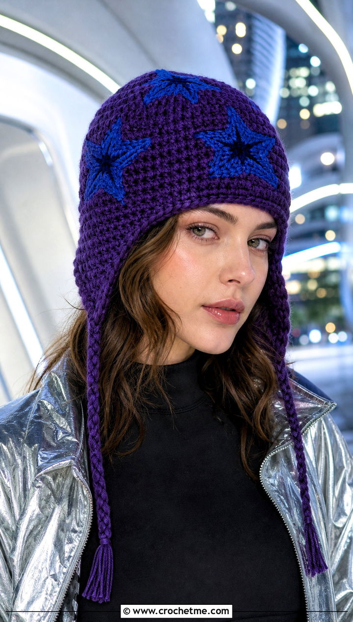 Star Applique Crochet Ear Flap Hat With Metallic Jacket - 30 crochet adult ear flap hat outfit ideas
